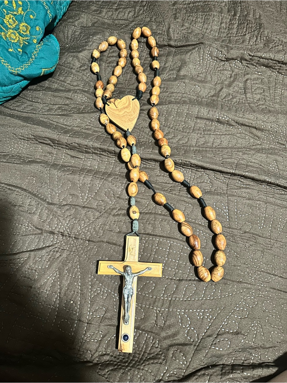 Wood Bead Rosary Necklace with Crucifix - Brown